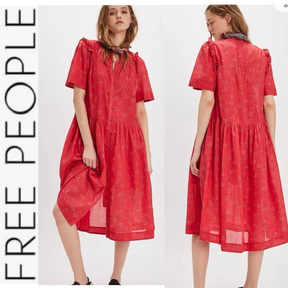 NWOT Free People Bella Mae Red Floral Midi Dress xs